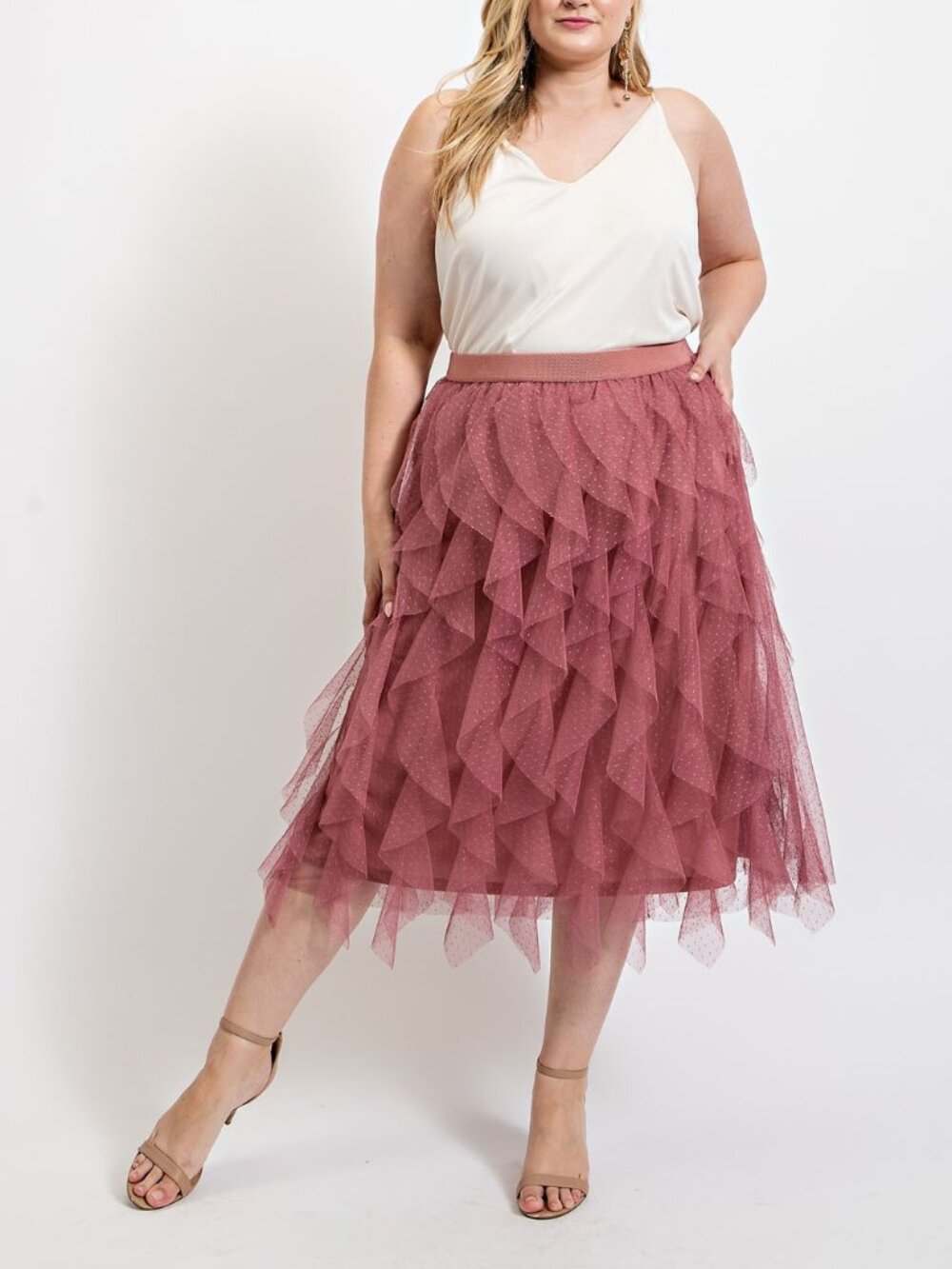 Plus Size Ruffled Tulle Midi Skirt with Elastic Waist Band